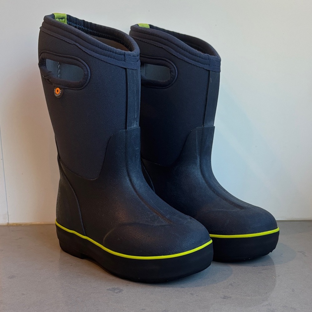Bogs Kids Waterproof Boots - Navy Blue with Neon Green Trim
